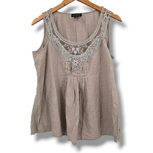 Tryst Womens Tan Linen Blend Lace Trim Pintuck Sleeveless Boho Blouse Large